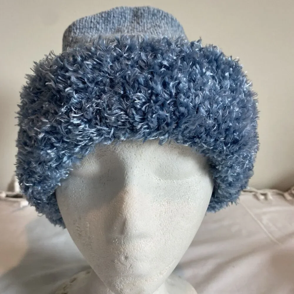 Womens beanie fine Knit lined hat blue slouchy or cuffed faux sherpa brim